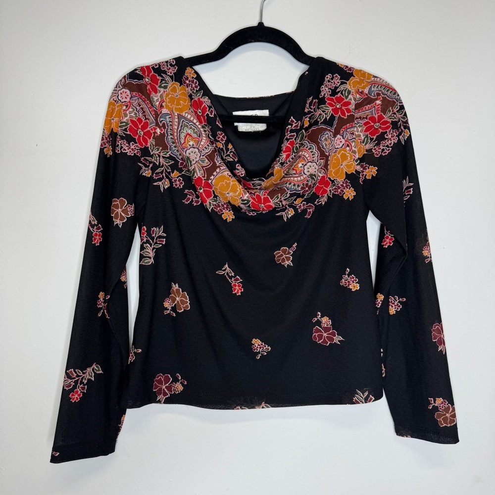 AGB Byer California Vintage Y2K Cowl Neck Paisley Floral Top Black Red Gold PM